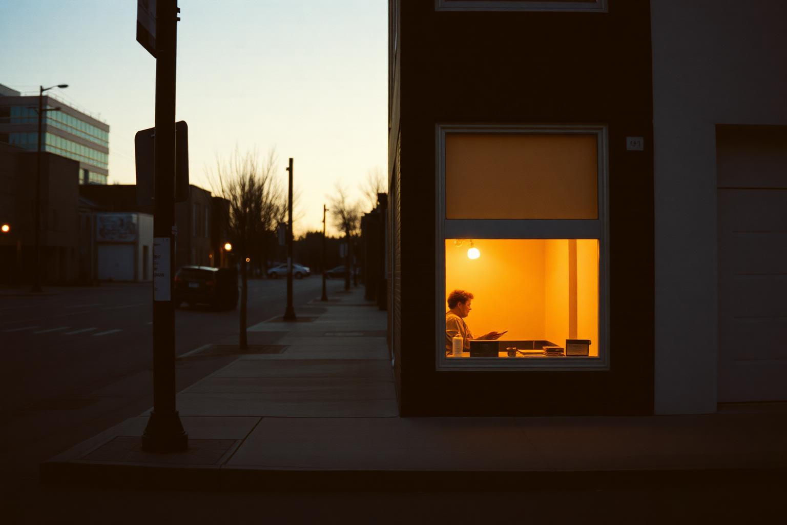 A small Lowcountry storefront lit from within at dusk